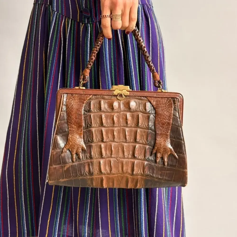 Antique Hornback Alligator Skin Handbag with Taxidermy Paws - Brown